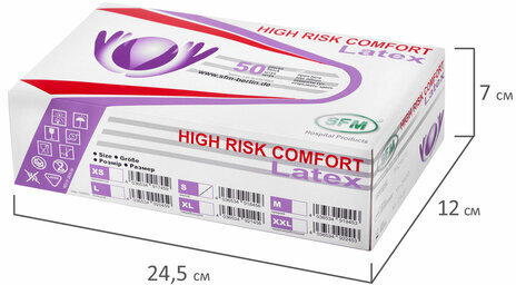 Перчатки латексные смотровые, особо прочные, SFM HIGH RISK COMFORT, 25 пар (50 штук), размер S (малый)