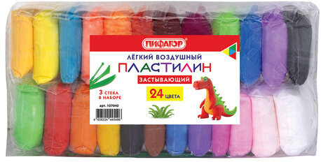 Пластилин супер лёгкий воздушный застывающий 24 цвета, 210 г, 3 стека, ПИФАГОР, 107040