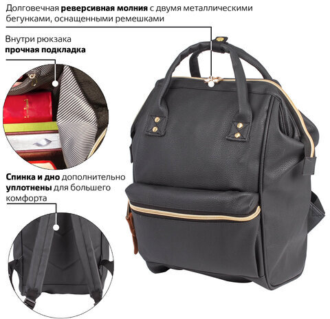 Рюкзак BRAUBERG молодежный, "Блэк", искуственная кожа, черный, 34х23х15 см, 227081