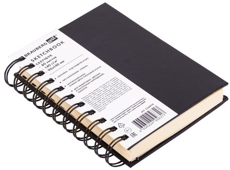 Скетчбук, слоновая кость 140 г/м2 90х140 мм, 80 л., КОЖЗАМ, гребень, BRAUBERG ART CLASSIC, черный, 116474