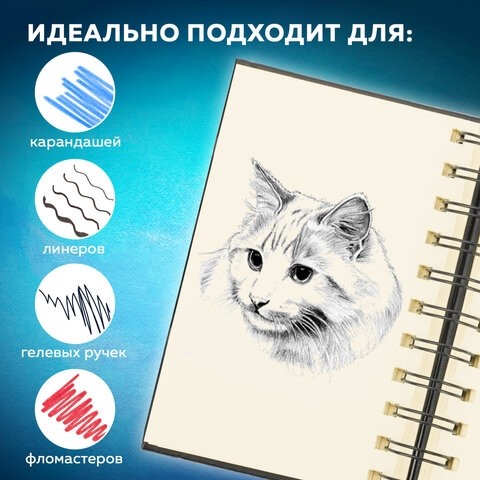 Скетчбук, слоновая кость 140 г/м2 90х140 мм, 80 л., КОЖЗАМ, гребень, BRAUBERG ART CLASSIC, черный, 116474