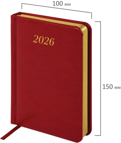 Ежедневник датированный 2026, МАЛЫЙ ФОРМАТ 100х150 мм, А6, BRAUBERG "Iguana", под кожу, красный, 117251
