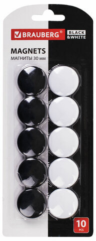 Магниты BRAUBERG &quot;BLACK&amp;WHITE&quot; УСИЛЕННЫЕ 30 мм, НАБОР 10 шт., черные/белые, 237468