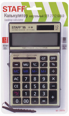 Калькулятор настольный металлический STAFF STF-7712-GOLD (179х107 мм), 12 разрядов, двойное питание, блистер, 250306