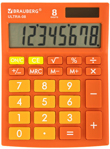 Калькулятор настольный BRAUBERG ULTRA-08-RG, КОМПАКТНЫЙ (154x115 мм), 8 разрядов, двойное питание, ОРАНЖЕВЫЙ, 250511
