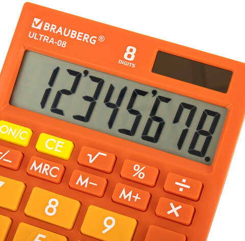 Калькулятор настольный BRAUBERG ULTRA-08-RG, КОМПАКТНЫЙ (154x115 мм), 8 разрядов, двойное питание, ОРАНЖЕВЫЙ, 250511