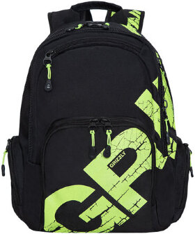 Рюкзак GRIZZLY школьный, анатомическая спинка, 2 отделения, для мальчиков, &quot;BLACK/LIGHT GREEN&quot;, 42х30х22 см, RU-423-12/3