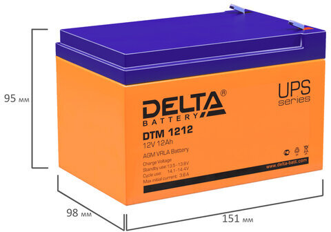 Аккумуляторная батарея для ИБП любых торговых марок, 12 В, 12 Ач, 151х98х95 мм, DELTA, DTM 1212