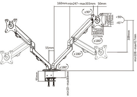 Кронштейн для двух мониторов настольный VESA 75х75, 100х100, 17"-27", до 14 кг, SONNEN MOTION, 455945