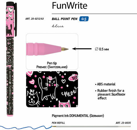 Ручка шариковая BRUNO VISCONTI "FunWrite", СИНЯЯ, "Контурные котята", узел 0,5 мм, линия письма 0,3 мм, 20-0212/43