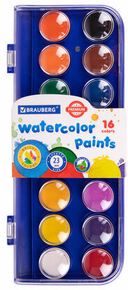 Краски акварельные BRAUBERG "PREMIUM" 16 цветов, круглые кюветы 23 мм, пенал, 191744