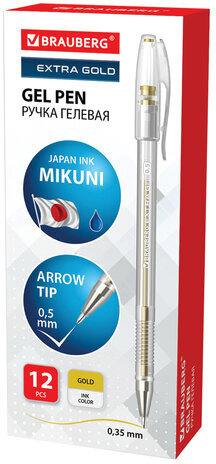 Ручка гелевая ЗОЛОТИСТАЯ BRAUBERG "EXTRA GOLD", корпус прозрачный, 0,5 мм, линия 0,35 мм, 143914
