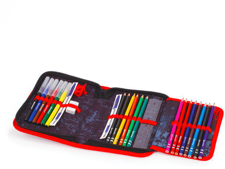 Пенал BRAUBERG с наполнением, 1 отделение, 1 откидная планка, 24 предмета, 21х14 см, "Yellow car", 229292