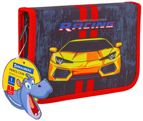 Пенал BRAUBERG с наполнением, 1 отделение, 1 откидная планка, 24 предмета, 21х14 см, "Yellow car", 229292