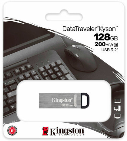 Флеш-диск 128 GB KINGSTON DataTraveler Kyson, разъем USB 3.2, серебряный, DTKN/128GB
