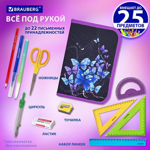 Пенал BRAUBERG, 1 отделение, 1 откидная планка, полиэстер, 21х14 см, "Fly Always", 271520