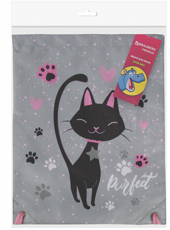 Мешок для обуви BRAUBERG PREMIUM, карман, подкладка, светоотражайка, 43х33 см, "Elegant cat", 271620