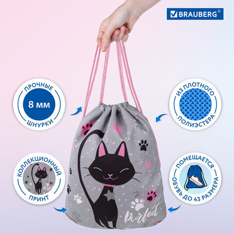 Мешок для обуви BRAUBERG PREMIUM, карман, подкладка, светоотражайка, 43х33 см, "Elegant cat", 271620