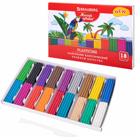Пластилин классический BRAUBERG "МАГИЯ ЦВЕТА NEW", 18 цветов, 360 грамм, стек, ВЫСШЕЕ КАЧЕСТВО, 106427