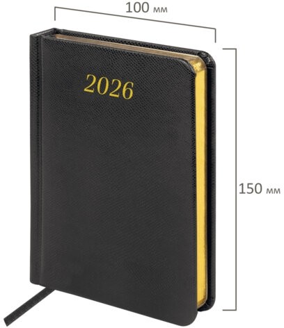 Ежедневник датированный 2026, МАЛЫЙ ФОРМАТ 100х150 мм, А6, BRAUBERG "Iguana", под кожу, черный, 117252
