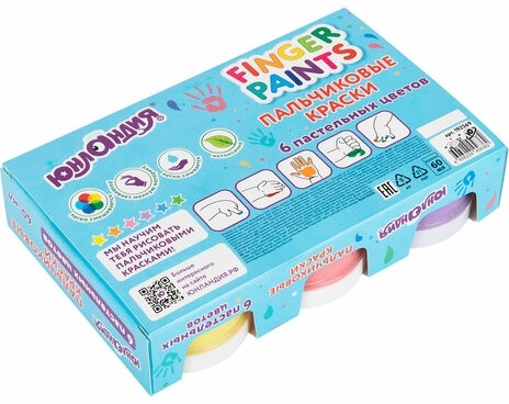 Краски пальчиковые для малышей от 1 года, пастельные цвета, 6 по 60 мл, ЮНЛАНДИЯ, 192569