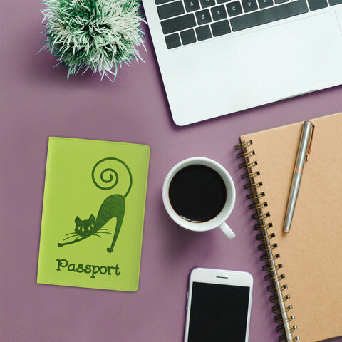 Обложка для паспорта STAFF, мягкий полиуретан, "Кошка", салатовая, 237614