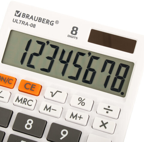 Калькулятор настольный BRAUBERG ULTRA-08-WT, КОМПАКТНЫЙ (154x115 мм), 8 разрядов, двойное питание, БЕЛЫЙ, 250512
