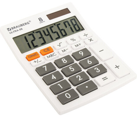 Калькулятор настольный BRAUBERG ULTRA-08-WT, КОМПАКТНЫЙ (154x115 мм), 8 разрядов, двойное питание, БЕЛЫЙ, 250512