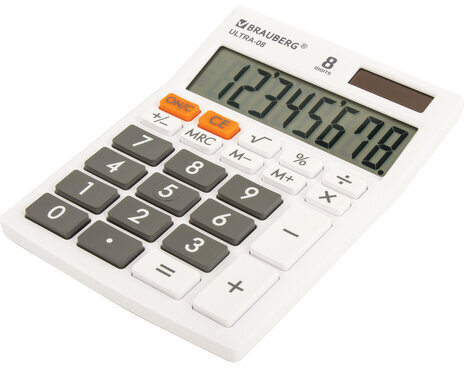 Калькулятор настольный BRAUBERG ULTRA-08-WT, КОМПАКТНЫЙ (154x115 мм), 8 разрядов, двойное питание, БЕЛЫЙ, 250512
