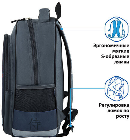 Рюкзак ПИФАГОР SCHOOL для начальной школы, "Samurai", 38x28х14 см, 270662