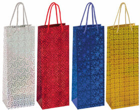 Пакет подарочный для бутылки 13x8,5x36 см, ЗОЛОТАЯ СКАЗКА голография, ассорти 4 цвета, 606608