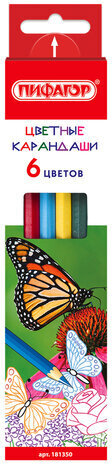 Карандаши цветные ПИФАГОР "БАБОЧКИ", 6 цветов, классические, заточенные, 181350