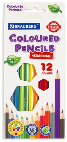 Карандаши цветные BRAUBERG PREMIUM, 12 цветов, шестигранные, грифель мягкий 3,3 мм, 181656