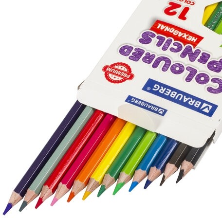 Карандаши цветные BRAUBERG PREMIUM, 12 цветов, шестигранные, грифель мягкий 3,3 мм, 181656