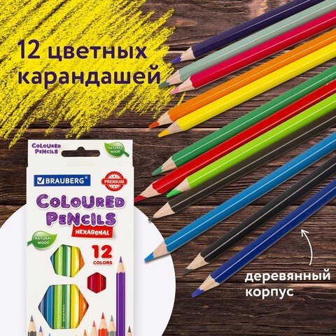 Карандаши цветные BRAUBERG PREMIUM, 12 цветов, шестигранные, грифель мягкий 3,3 мм, 181656