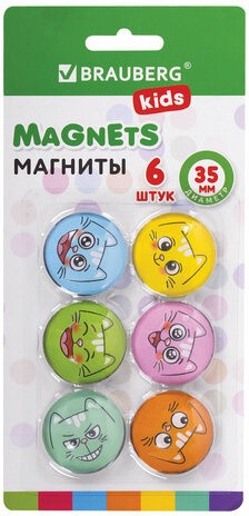 Магниты стеклянные 35 мм для досок магнитно-маркерных, НАБОР 6 шт., &quot;3D Коты&quot;, BRAUBERG KIDS, круглые, блистер, 272516