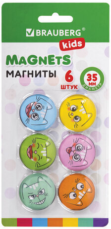Магниты стеклянные 35 мм для досок магнитно-маркерных, НАБОР 6 шт., "3D Коты", BRAUBERG KIDS, круглые, блистер, 272516