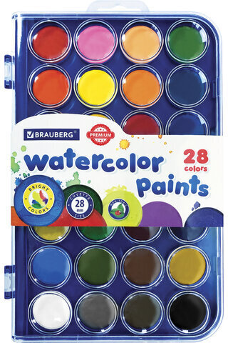 Краски акварельные BRAUBERG "PREMIUM" 28 цветов, круглые кюветы 28 мм, пенал, 191745