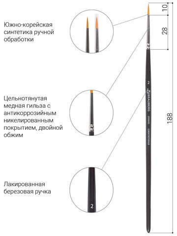 Кисть художественная проф. BRAUBERG ART CLASSIC, синтетика жесткая, круглая, № 2, короткая ручка, 200645
