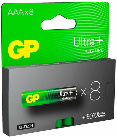 Батарейки КОМПЛЕКТ 8 шт., GP Ultra Plus G-Tech, AAA (LR03), алкалиновые, мизинчиковые, 24AUPA21-2CRB8