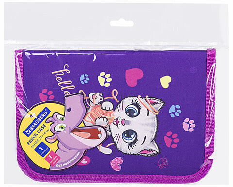 Пенал BRAUBERG, 1 отделение, 1 откидная планка, полиэстер, 21х14 см, "Playing kitty", 271521