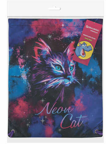 Мешок для обуви BRAUBERG PREMIUM, карман, подкладка, светоотражайка, 43х33 см, "Neon cat", 271621