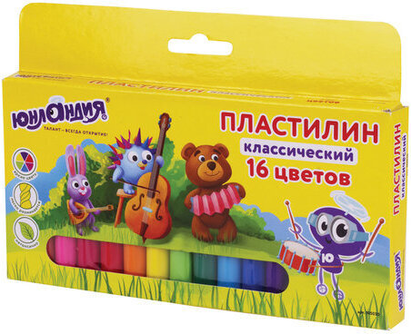 Пластилин классический ЮНЛАНДИЯ "ЮНЛАНДИК-МУЗЫКАНТ", 16 цветов, 320 г, ВЫСШЕЕ КАЧЕСТВО, 105030