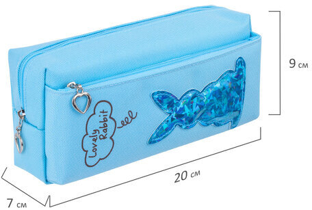 Пенал-косметичка ЮНЛАНДИЯ, 2 отделения, мягкий, "Зайка", голубой, 20х7х9 см, 228987