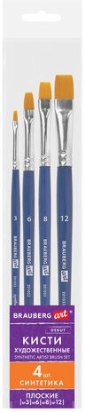Кисти художественные набор 4 шт., синтетика (плоские № 3, 6, 8, 12), BRAUBERG ART DEBUT, 201033