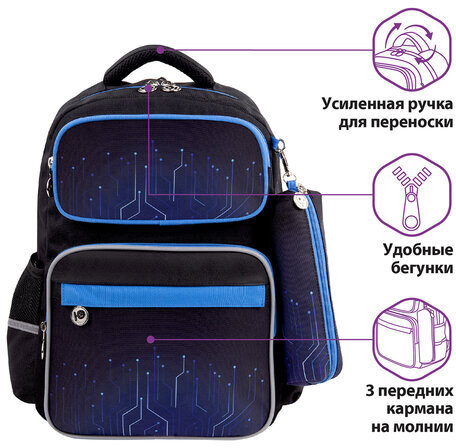 Рюкзак ЮНЛАНДИЯ COMPLETE, с пеналом в комплекте, эрго-спинка, "Electro", 42х29х14 см, 270666