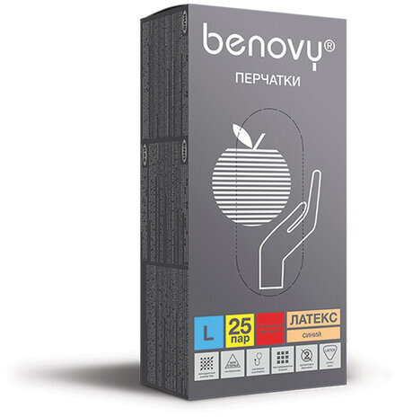 Перчатки латексные смотровые BENOVY High Risk 25 пар (50 шт.), неопудренные, повышенной прочности, размер L (большой), синие, -