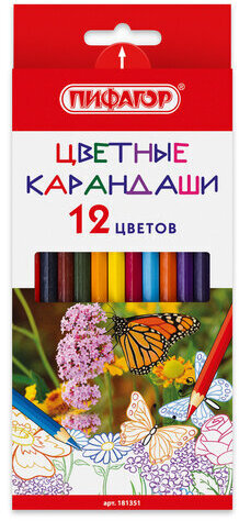 Карандаши цветные ПИФАГОР "БАБОЧКИ", 12 цветов, классические заточенные, 181351