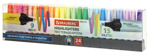 Набор текстовыделителей 24 ЦВЕТА на подставке, BRAUBERG "DELTA", 15 пастельных цветов + 9 неоновых цветов, линия 1-5 мм, 152506