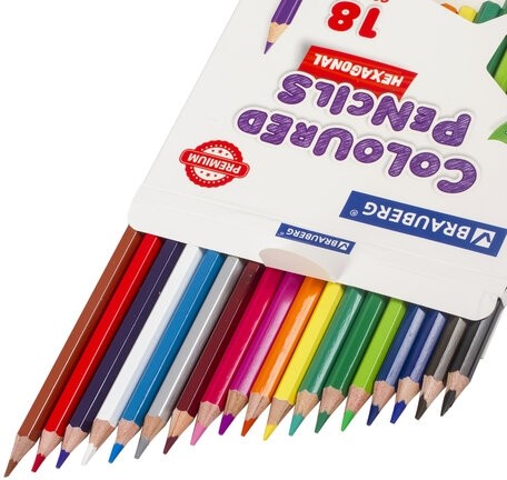 Карандаши цветные BRAUBERG PREMIUM, 18 цветов, шестигранные, грифель мягкий 3,3 мм, 181657